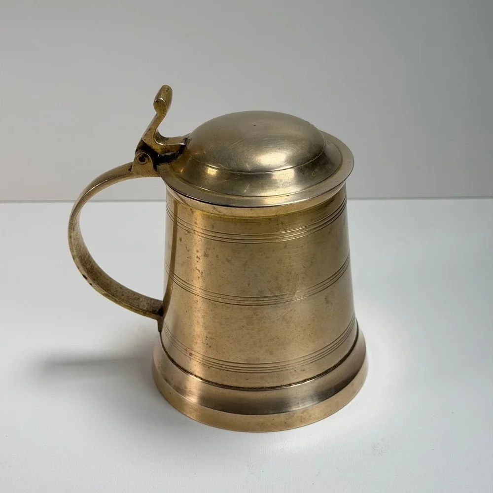 Vintage Brass Lidded Beer Ale Stein Mug Gold Traditional‎ Tankard Old World